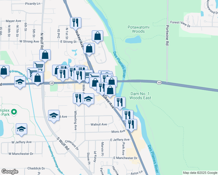 map of restaurants, bars, coffee shops, grocery stores, and more near 395 East Dundee Road in Wheeling