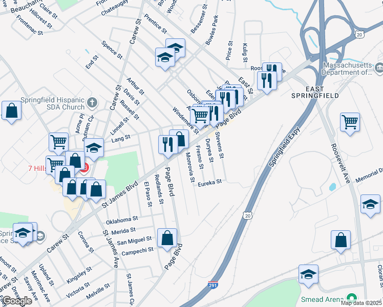 map of restaurants, bars, coffee shops, grocery stores, and more near 522 Page Boulevard in Springfield