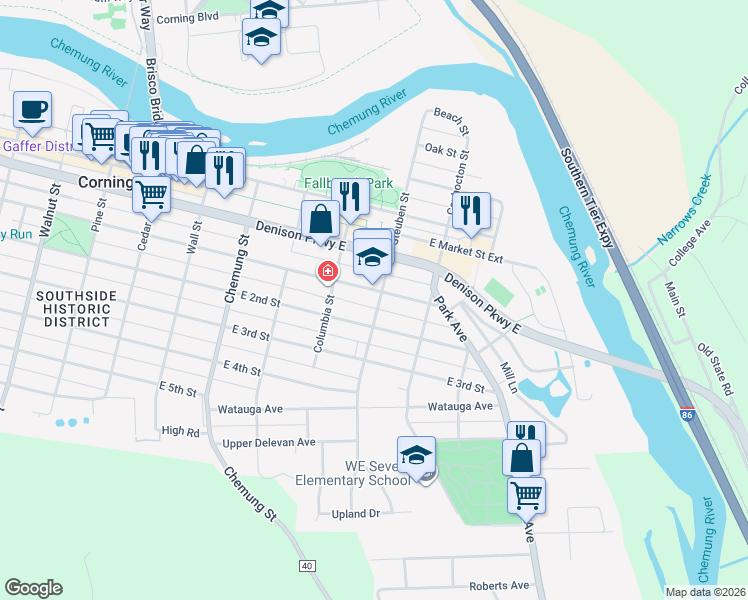 map of restaurants, bars, coffee shops, grocery stores, and more near 291 East 1st Street in Corning