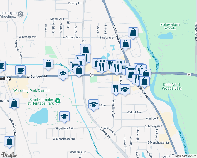 map of restaurants, bars, coffee shops, grocery stores, and more near 99 East Dundee Road in Wheeling