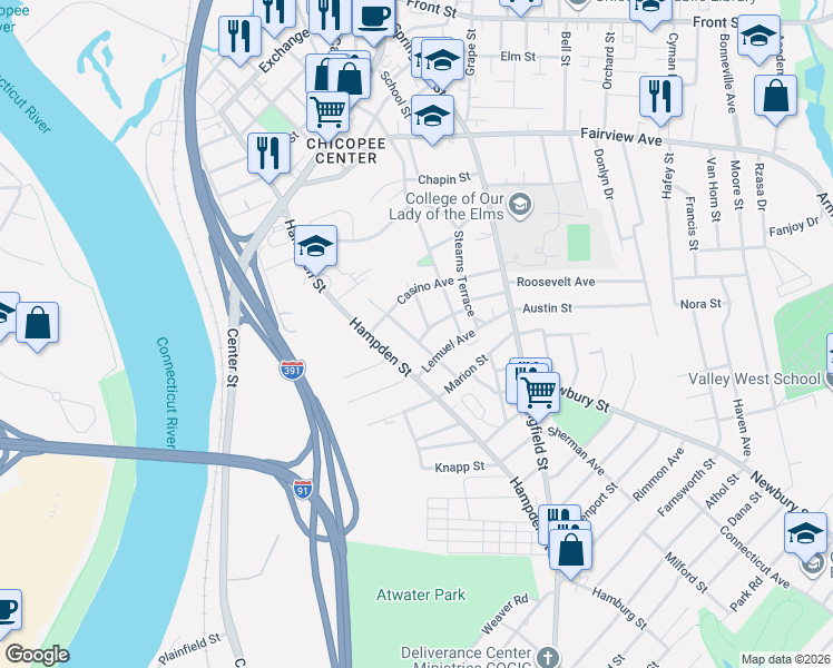 map of restaurants, bars, coffee shops, grocery stores, and more near 49 Highland Avenue in Chicopee