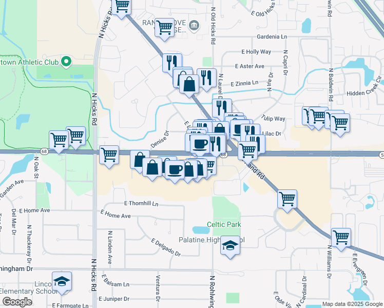 map of restaurants, bars, coffee shops, grocery stores, and more near 679 East Dundee Road in Palatine
