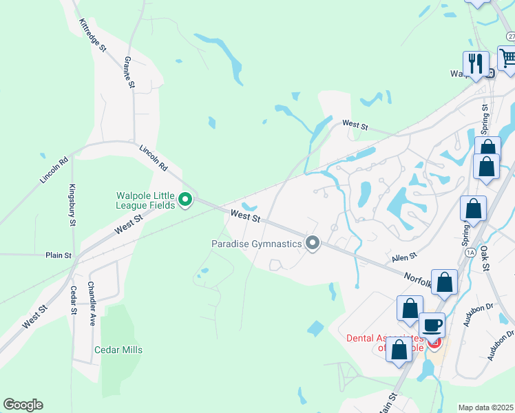 map of restaurants, bars, coffee shops, grocery stores, and more near 435 West Street in Walpole