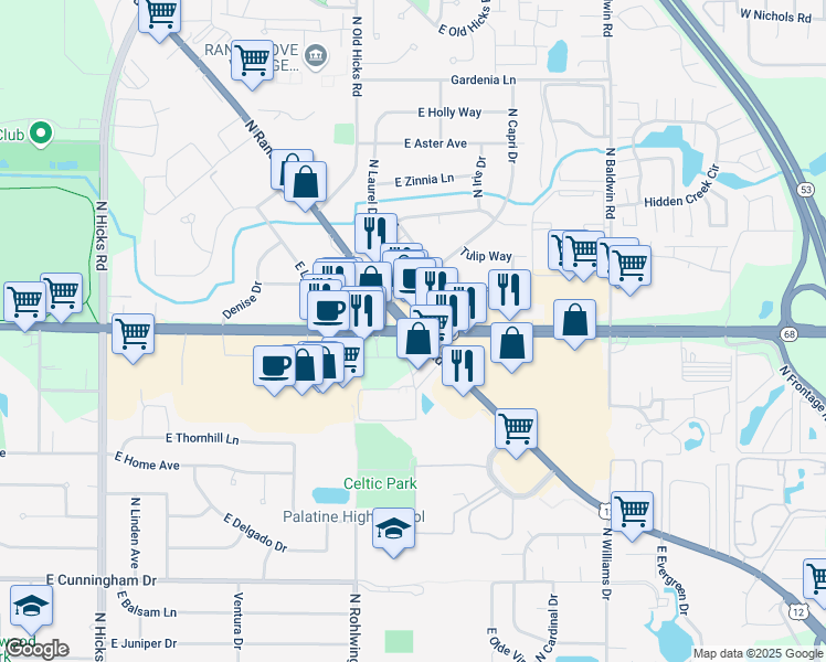 map of restaurants, bars, coffee shops, grocery stores, and more near U.S. Route 12 in Idaho & Dundee Rd in Palatine