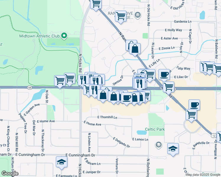 map of restaurants, bars, coffee shops, grocery stores, and more near 1635 North Denise Avenue in Palatine
