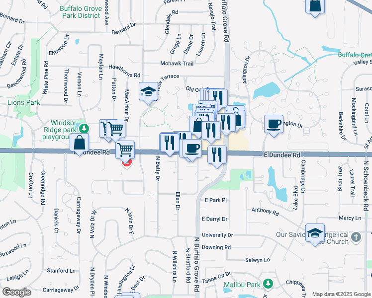 map of restaurants, bars, coffee shops, grocery stores, and more near 76 Illinois 68 in Arlington Heights