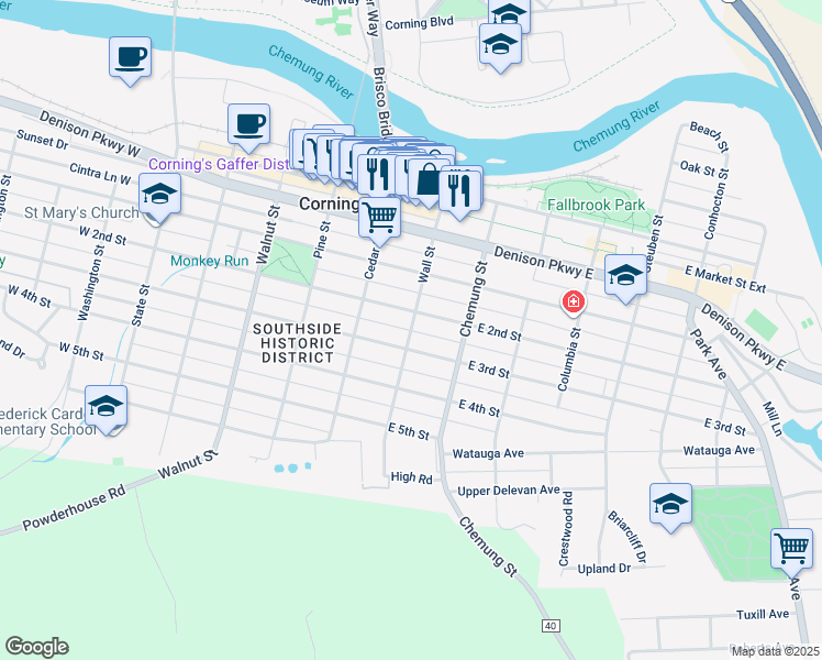 map of restaurants, bars, coffee shops, grocery stores, and more near Wall Street in Corning