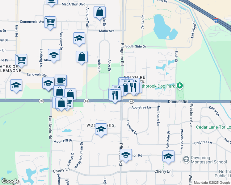 map of restaurants, bars, coffee shops, grocery stores, and more near 2812 Dundee Road in Northbrook