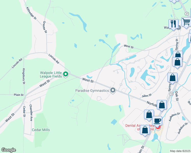 map of restaurants, bars, coffee shops, grocery stores, and more near 435 West Street in Walpole