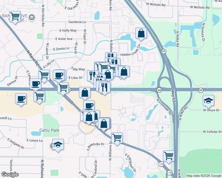 map of restaurants, bars, coffee shops, grocery stores, and more near Dundee Rd & Baldwin Rd in Palatine