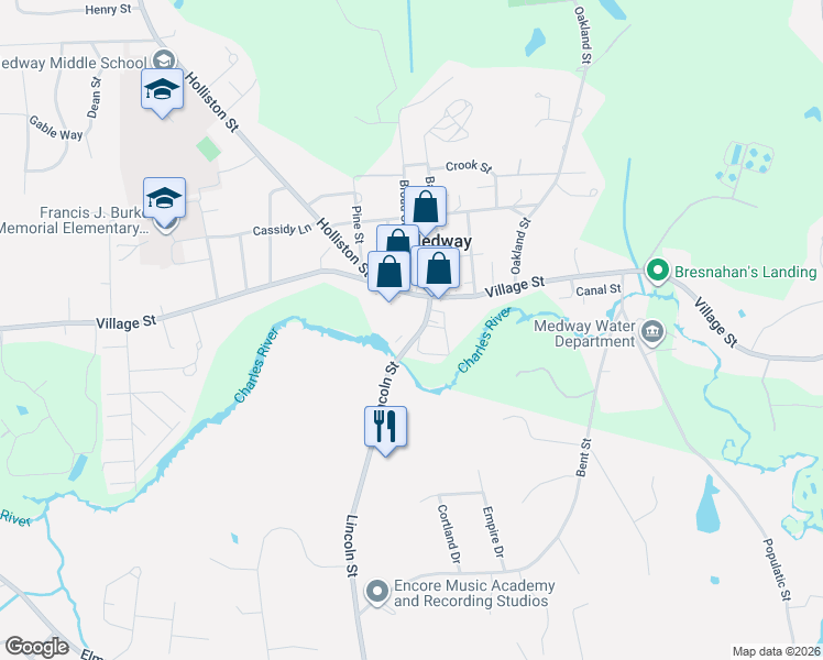 map of restaurants, bars, coffee shops, grocery stores, and more near 155A Village Street in Medway
