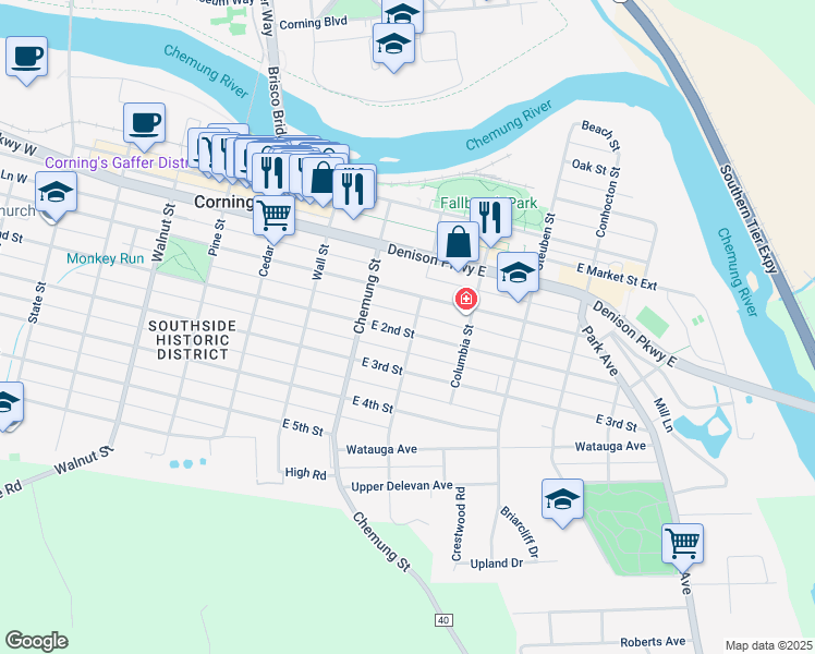 map of restaurants, bars, coffee shops, grocery stores, and more near 163 Pearl Street in Corning