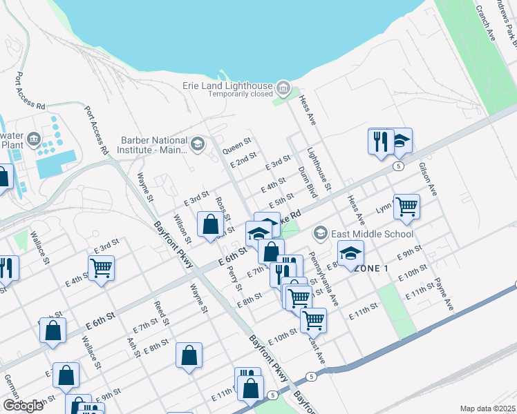 map of restaurants, bars, coffee shops, grocery stores, and more near 401 East Avenue in Erie