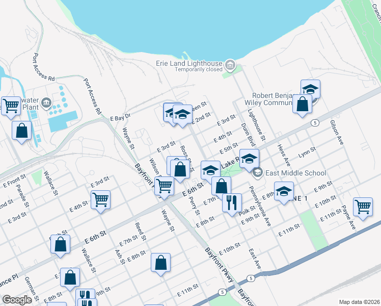 map of restaurants, bars, coffee shops, grocery stores, and more near 325 Ross Street in Erie