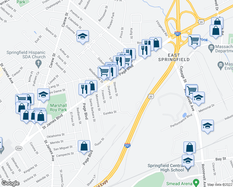 map of restaurants, bars, coffee shops, grocery stores, and more near Stevens Street in Springfield