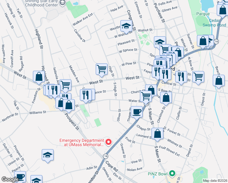 map of restaurants, bars, coffee shops, grocery stores, and more near 14 South High Street in Milford