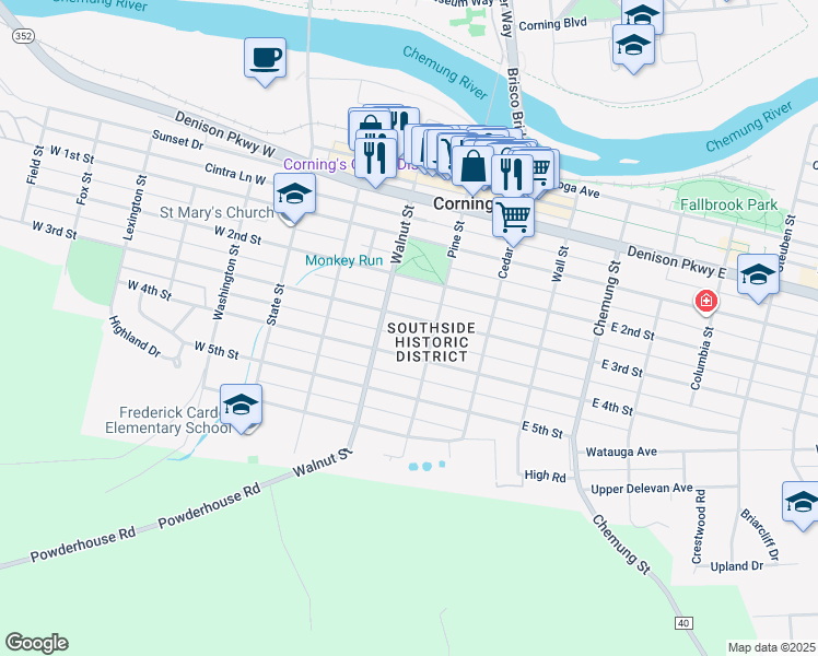 map of restaurants, bars, coffee shops, grocery stores, and more near 11 West 3rd Street in Corning
