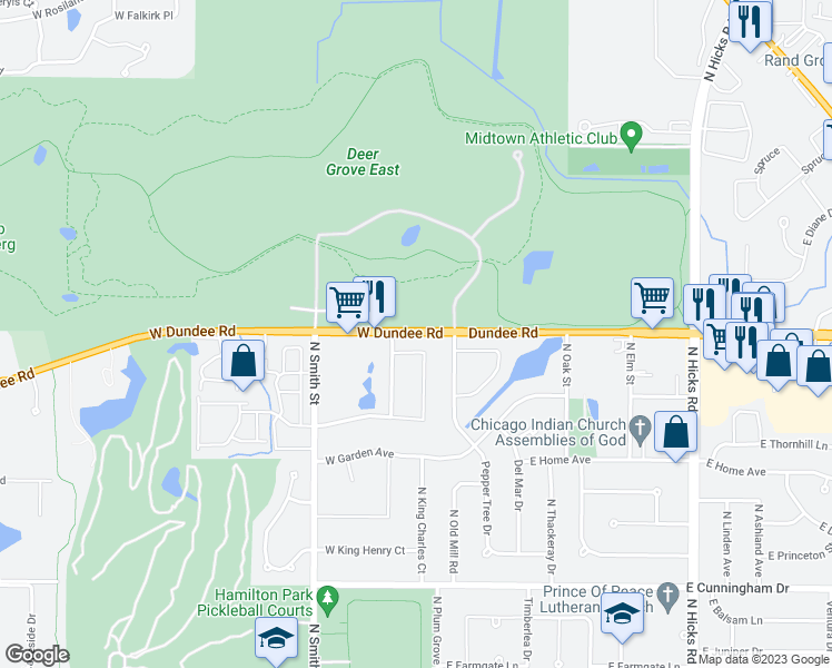 map of restaurants, bars, coffee shops, grocery stores, and more near 125 West Dundee Road in Palatine