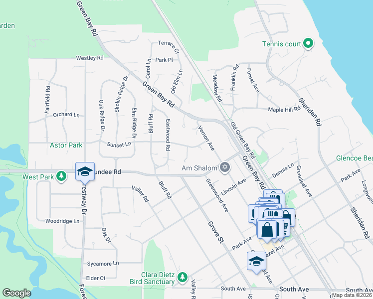 map of restaurants, bars, coffee shops, grocery stores, and more near 900 Sunset in Glencoe