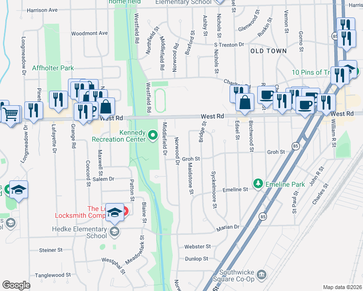 map of restaurants, bars, coffee shops, grocery stores, and more near 2945 Norwood Drive in Trenton