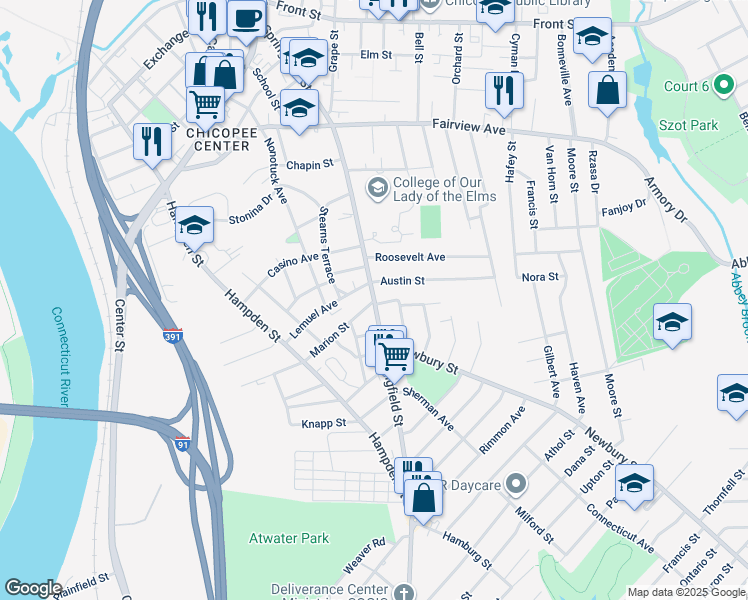 map of restaurants, bars, coffee shops, grocery stores, and more near 385 Springfield St in Chicopee
