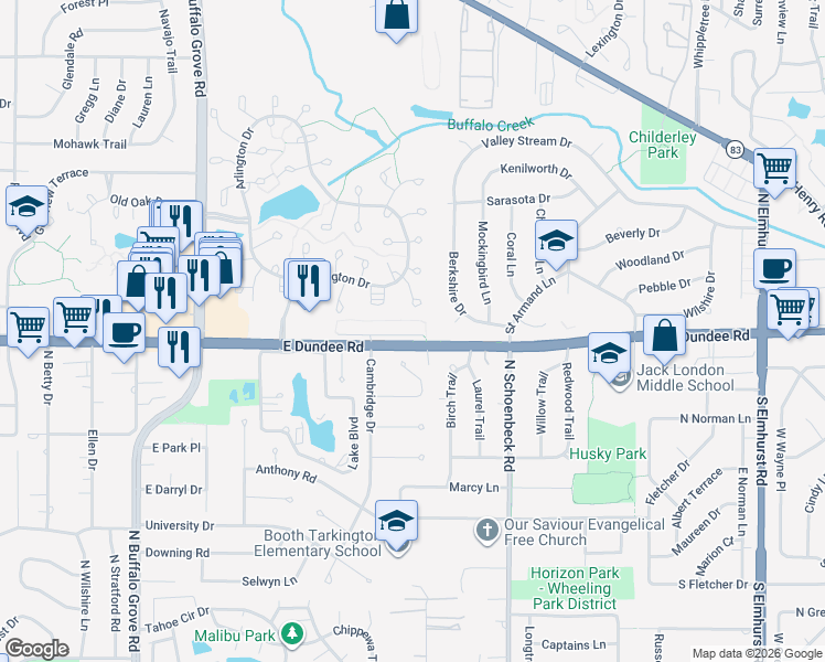 map of restaurants, bars, coffee shops, grocery stores, and more near 350 East Dundee Road in Buffalo Grove
