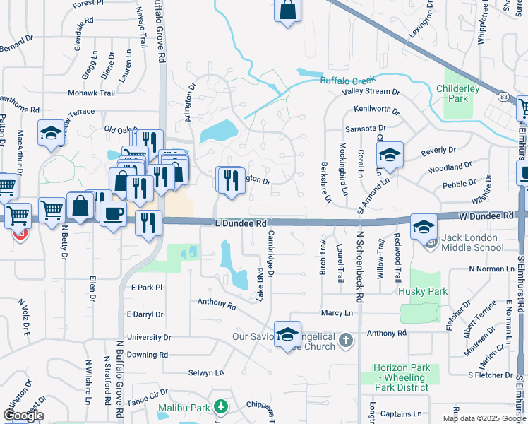 map of restaurants, bars, coffee shops, grocery stores, and more near E Dundee Rd in Buffalo Grove