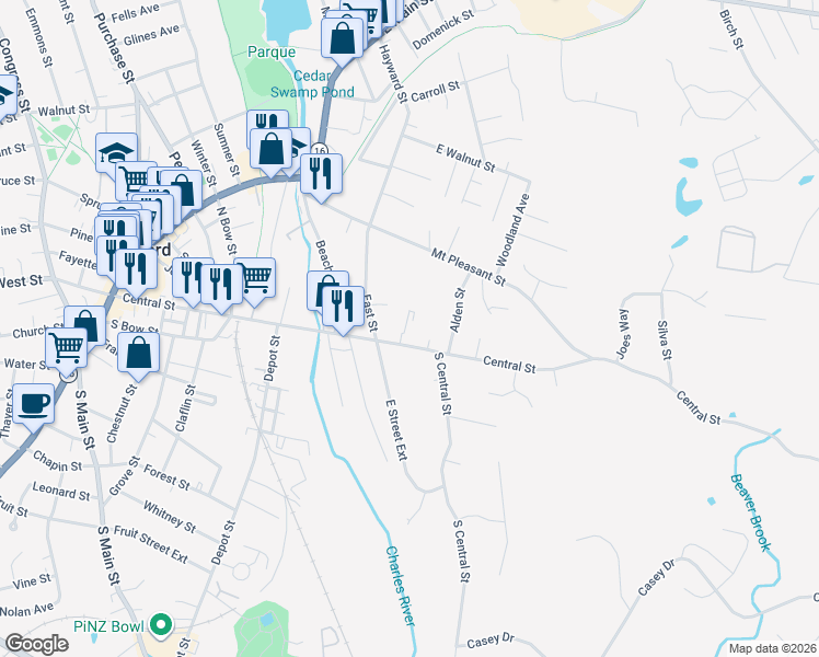 map of restaurants, bars, coffee shops, grocery stores, and more near 252 Central Street in Milford