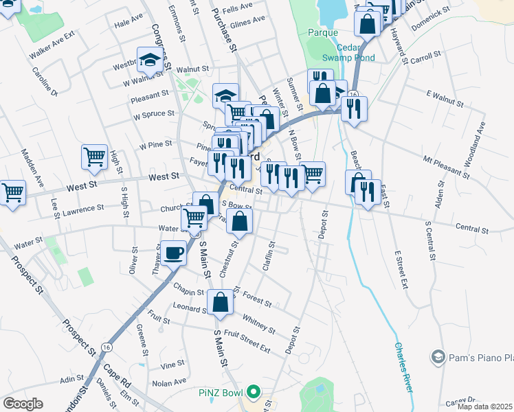 map of restaurants, bars, coffee shops, grocery stores, and more near 10 Baker Slip in Milford