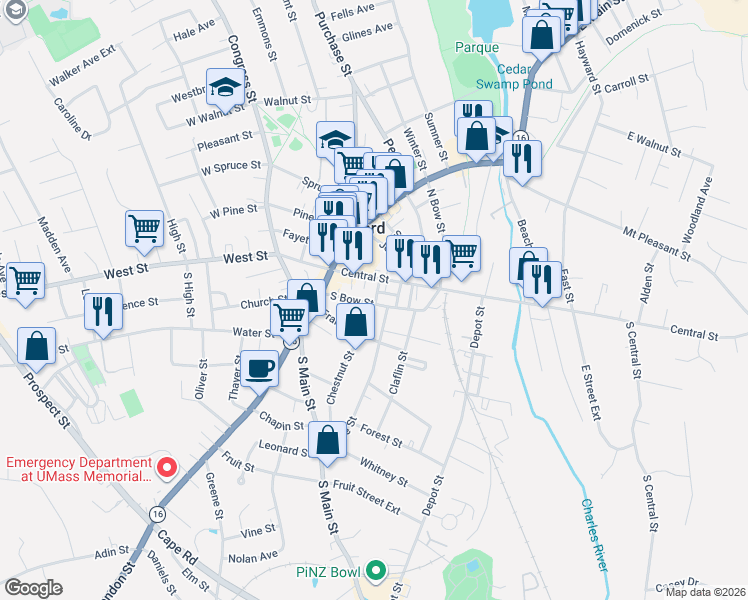 map of restaurants, bars, coffee shops, grocery stores, and more near 10 Baker Slip in Milford