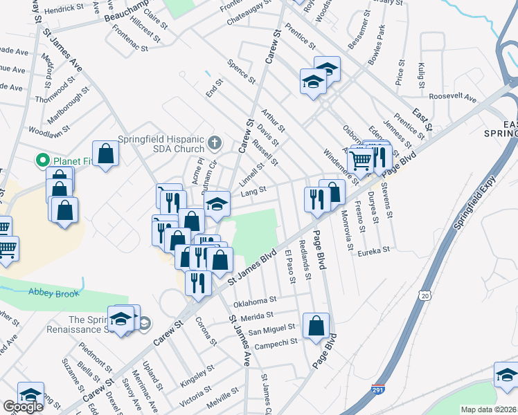 map of restaurants, bars, coffee shops, grocery stores, and more near 69 Notre Dame Street in Springfield
