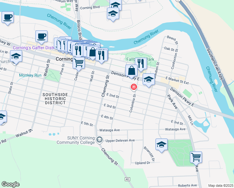 map of restaurants, bars, coffee shops, grocery stores, and more near 163 Pearl Street in Corning
