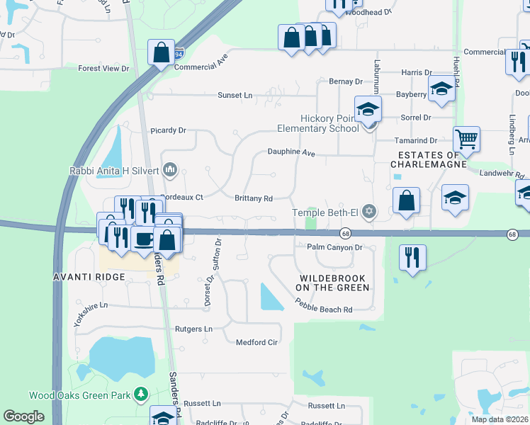 map of restaurants, bars, coffee shops, grocery stores, and more near 3835 Brittany Road in Northbrook