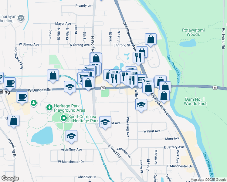 map of restaurants, bars, coffee shops, grocery stores, and more near 99 East Dundee Road in Wheeling