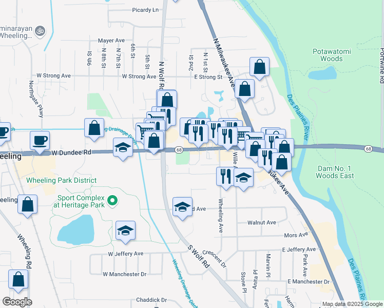 map of restaurants, bars, coffee shops, grocery stores, and more near 99 East Dundee Road in Wheeling