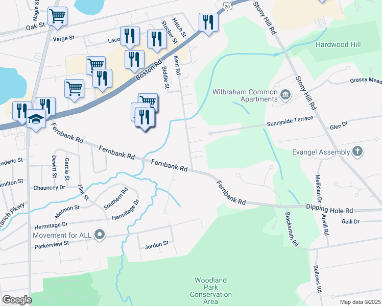 map of restaurants, bars, coffee shops, grocery stores, and more near 225 Wedgewood Circle in Springfield