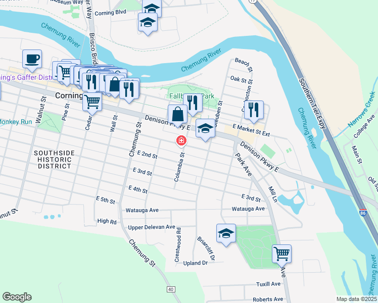 map of restaurants, bars, coffee shops, grocery stores, and more near 258 E 1st St in Corning