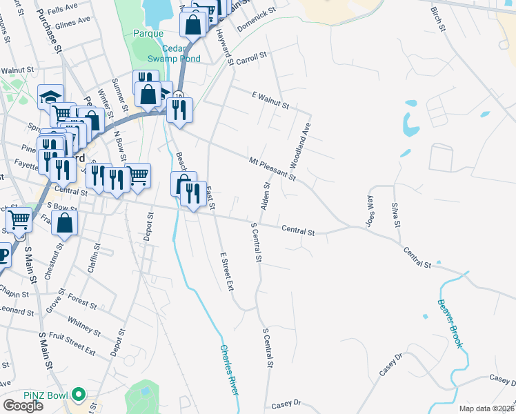 map of restaurants, bars, coffee shops, grocery stores, and more near 252 Central Street in Milford