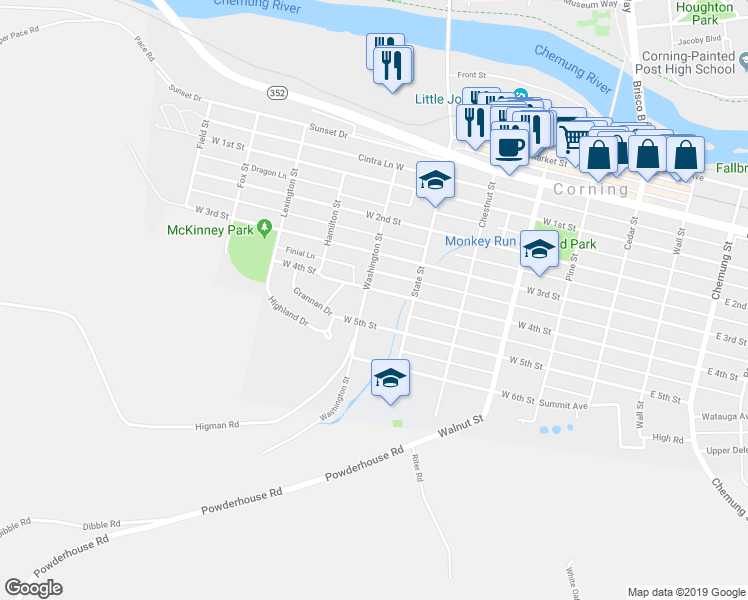 map of restaurants, bars, coffee shops, grocery stores, and more near 192 West 4th Street in Corning