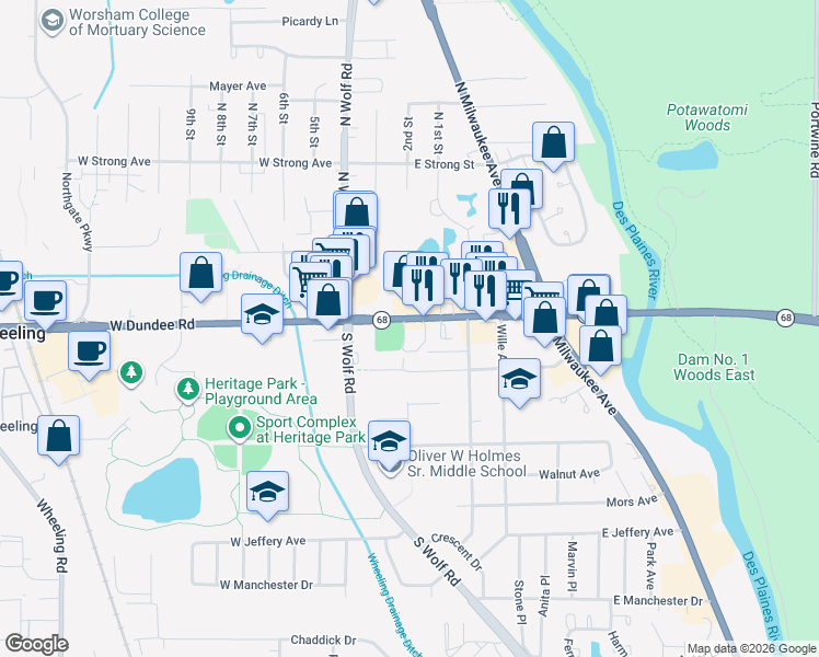 map of restaurants, bars, coffee shops, grocery stores, and more near 99 East Dundee Road in Wheeling