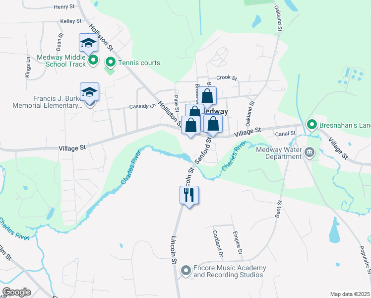 map of restaurants, bars, coffee shops, grocery stores, and more near 14 Sanford Street in Medway