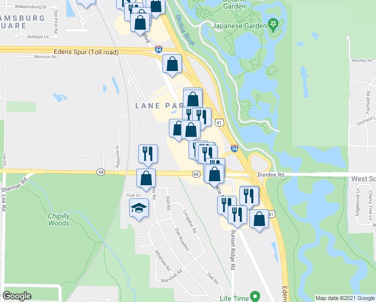 map of restaurants, bars, coffee shops, grocery stores, and more near 610 Skokie Boulevard in Glencoe