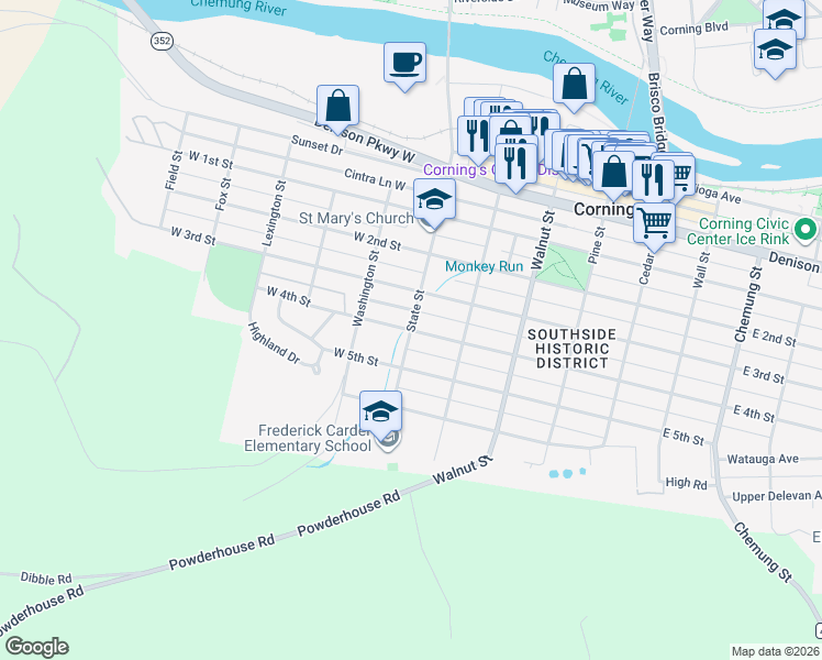 map of restaurants, bars, coffee shops, grocery stores, and more near West 4th Street & State Street in Corning