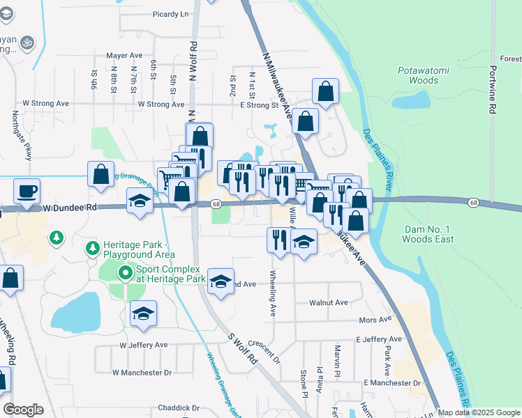 map of restaurants, bars, coffee shops, grocery stores, and more near 190 Arbor Court in Wheeling