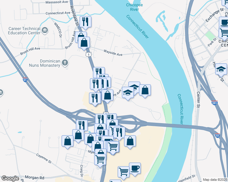 map of restaurants, bars, coffee shops, grocery stores, and more near 95 Ashley Avenue in West Springfield
