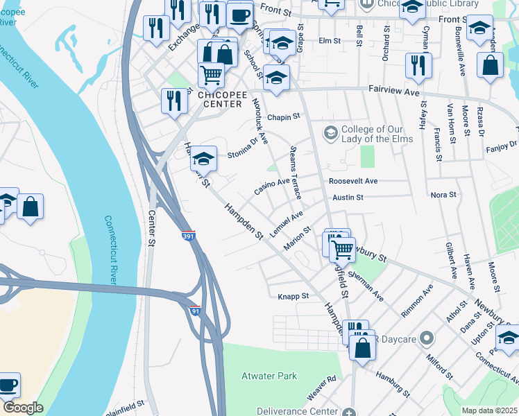 map of restaurants, bars, coffee shops, grocery stores, and more near 63 Highland Avenue in Chicopee