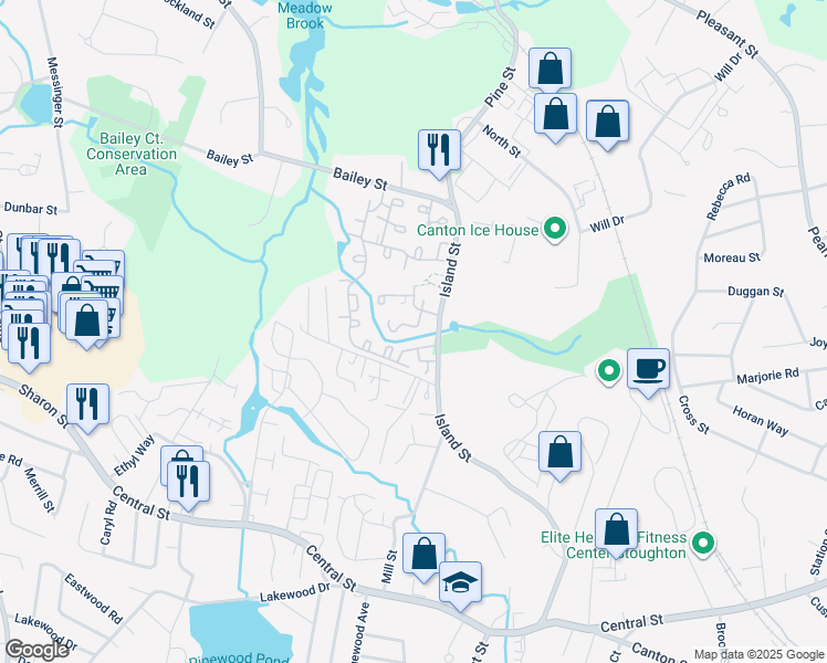 map of restaurants, bars, coffee shops, grocery stores, and more near 34 Elderwood Drive in Stoughton