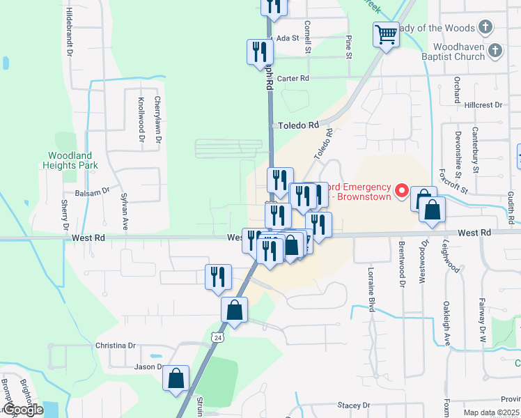 map of restaurants, bars, coffee shops, grocery stores, and more near 24073 Cardinal Drive in Brownstown Charter Township