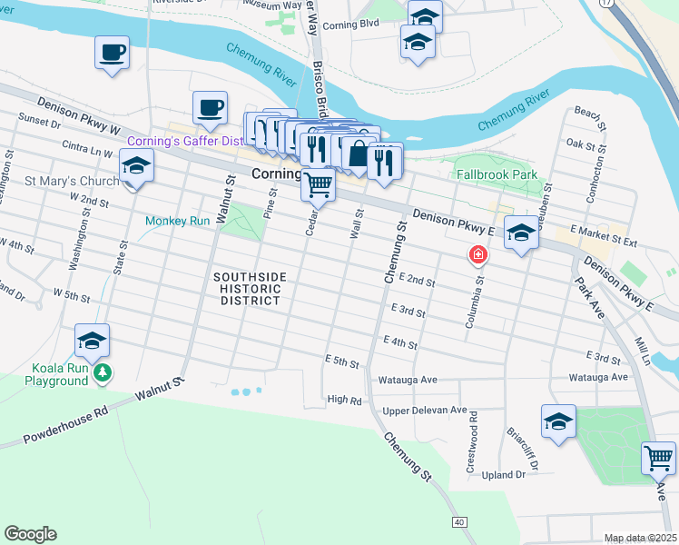 map of restaurants, bars, coffee shops, grocery stores, and more near 90 East 2nd Street in Corning