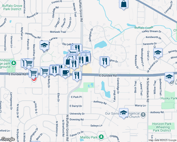 map of restaurants, bars, coffee shops, grocery stores, and more near 30 East Dundee Road in Buffalo Grove